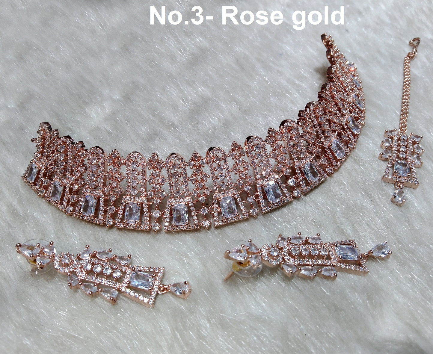 Cubic Zirconia Diamond necklace Earrings set, rose gold, silver Bridal necklace earrings Gaddi jewellery statement necklace set CZ necklace