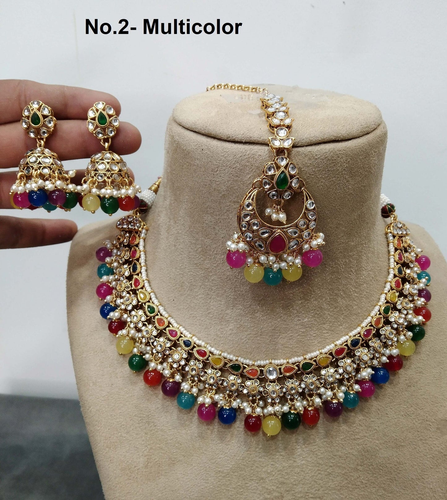 Indian Jewellery/ Gold Semi Bridal Kundan necklace Set Indian ruby, pink, peach , gajjri, skyblue, yellow, Peggy Wedding  Jewellery Necklace