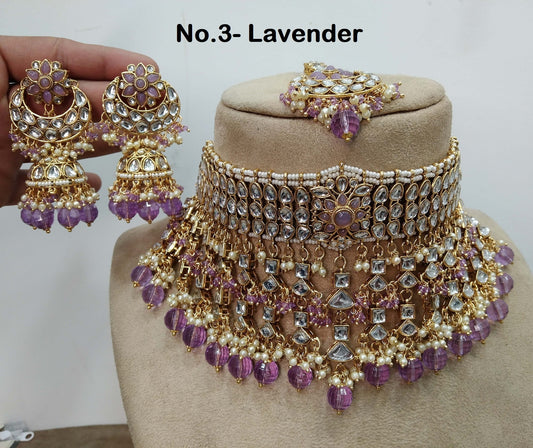 Indischer Schmuck Kundan Choker Set Halskette Ohrringe Set/Gold weiß,Lila,Grün,Maroon Set Indischer Kura Schmuck Halskette Set