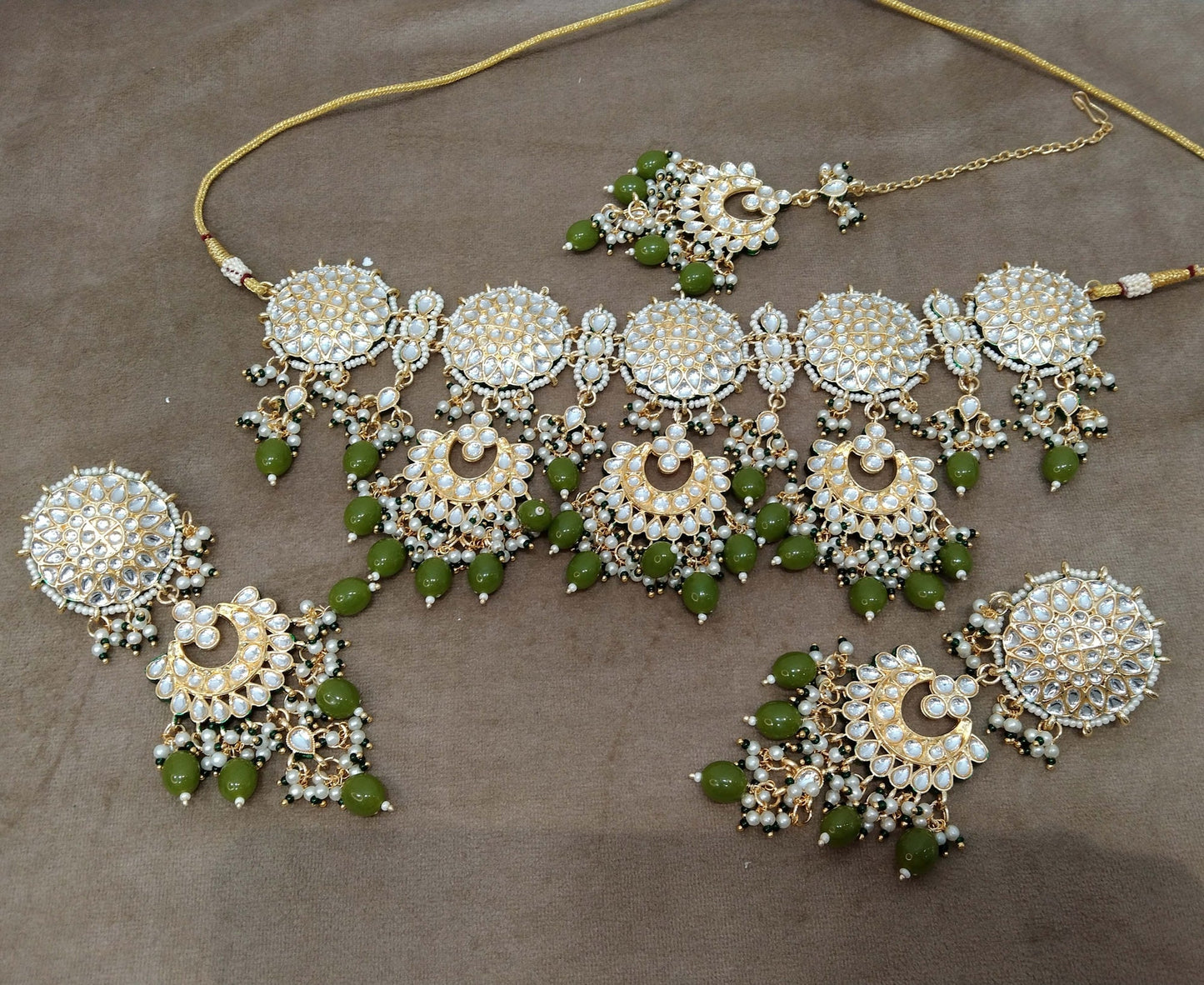 Indian Jewellery/ Gold Bridal Kundan necklace Set , Gold white , Mehndi Indian Eric Bridal Jewellery  kundan Necklace set