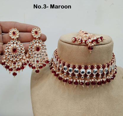 Ivory Indian jewellery Rose gold kundan Choker Set Necklace Earrings Set/Rose white, green, maroon Indian giare Jewellery Necklace Set/Choker Set