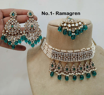 Ivory Indian jewellery Gold finish kundan Choker Set/Gold Rama green, dark pink, Gold white, maroon, sky blue Indian dina Jewellery Set/Indian Choker