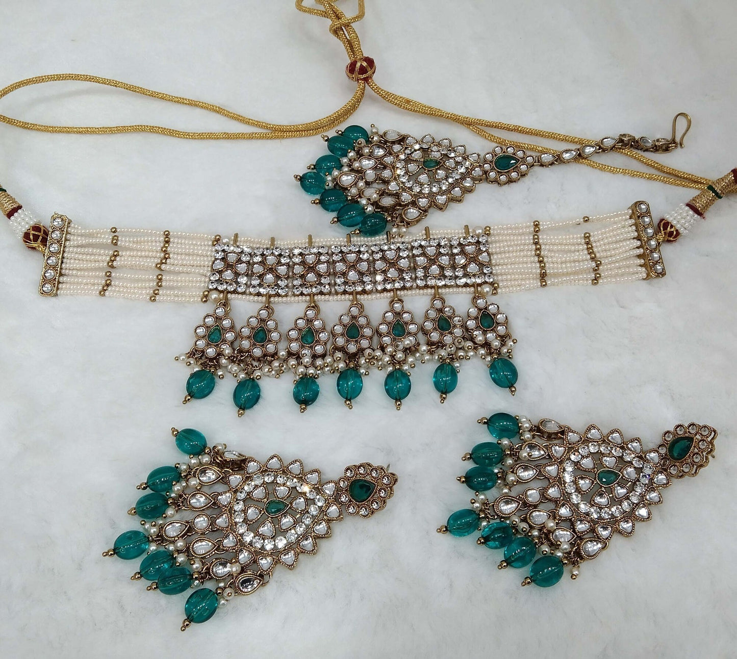 Ivory Indian jewellery Gold finish kundan Choker Set/Gold Rama green, dark pink, Gold white, maroon, sky blue Indian dina Jewellery Set/Indian Choker