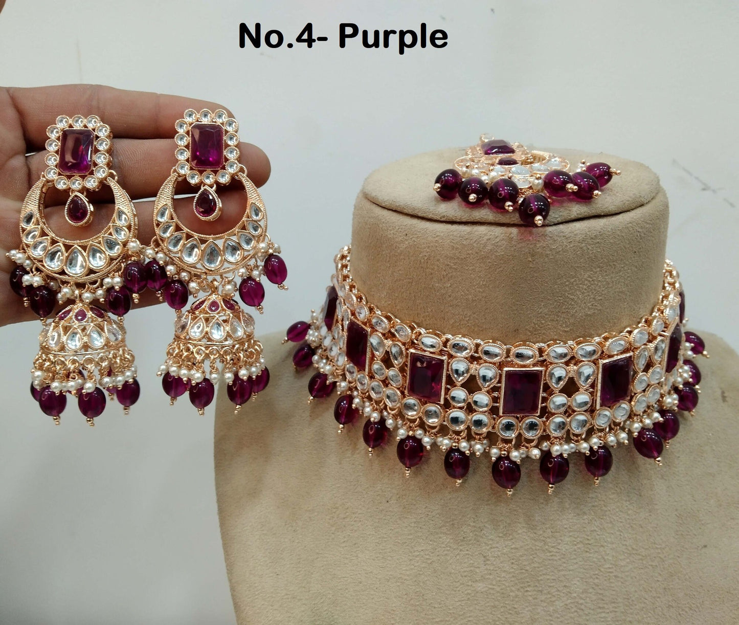 Ivory Indian  Rose gold finish kundan Choker Set/ Rose white, maroon, Lavender, Purple, Indian Riya Jewellery Set/Indian Choker