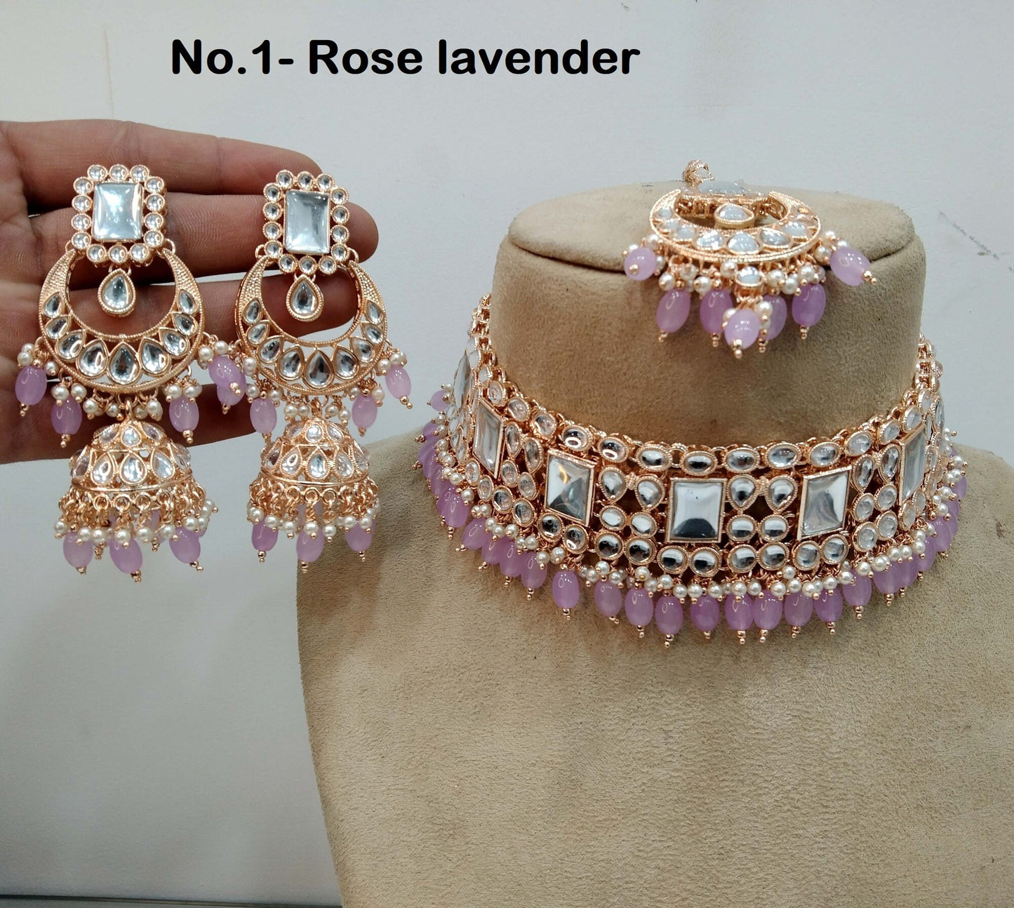 Ivory Indian  Rose gold finish kundan Choker Set/ Rose white, maroon, Lavender, Purple, Indian Riya Jewellery Set/Indian Choker