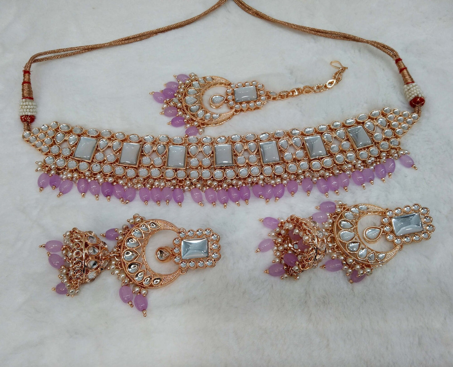 Ivory Indian  Rose gold finish kundan Choker Set/ Rose white, maroon, Lavender, Purple, Indian Riya Jewellery Set/Indian Choker