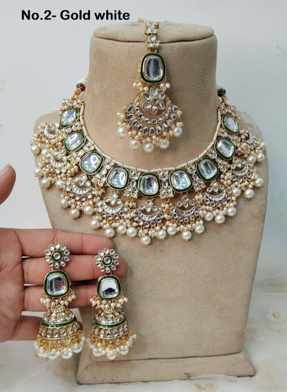 Indian Jewellery/ Gold Semi Bridal Kundan necklace Set Indian ruby, gold white, yellow, Gajjri mint, jiva Wedding  Jewellery Necklace set