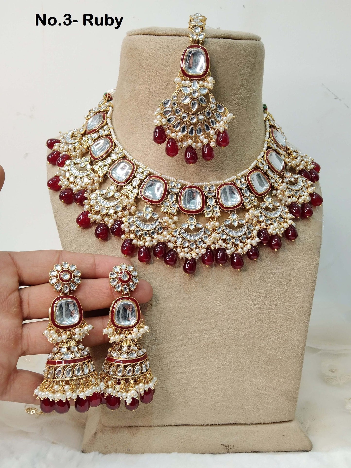 Indian Jewellery/ Gold Semi Bridal Kundan necklace Set Indian ruby, gold white, yellow, Gajjri mint, jiva Wedding  Jewellery Necklace set