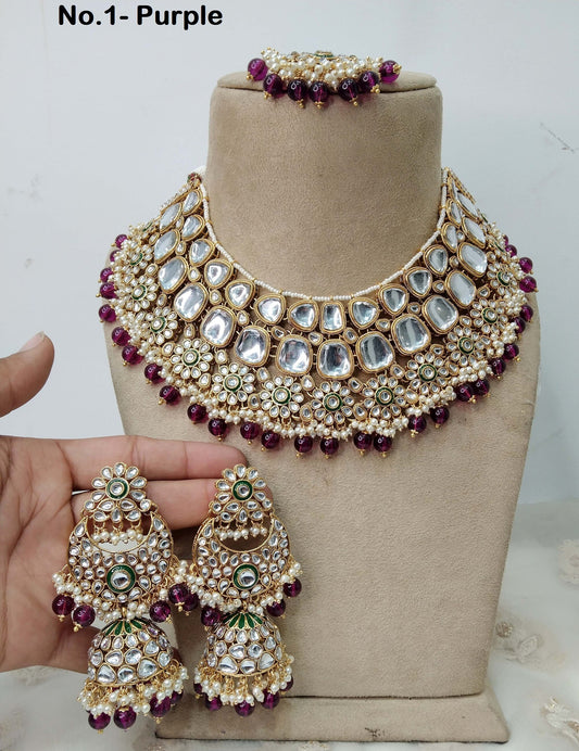 Indian Jewellery/ Gold Semi Bridal Kundan necklace Set Indian Gold purple, green Wedding  Jewellery Necklace set