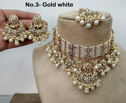 Indian jewellery kundan Choker Set Necklace Earrings Set/Gold white,Peach,Rama green  Indian Diplo Jewellery Necklace Set/Indian Choker Set