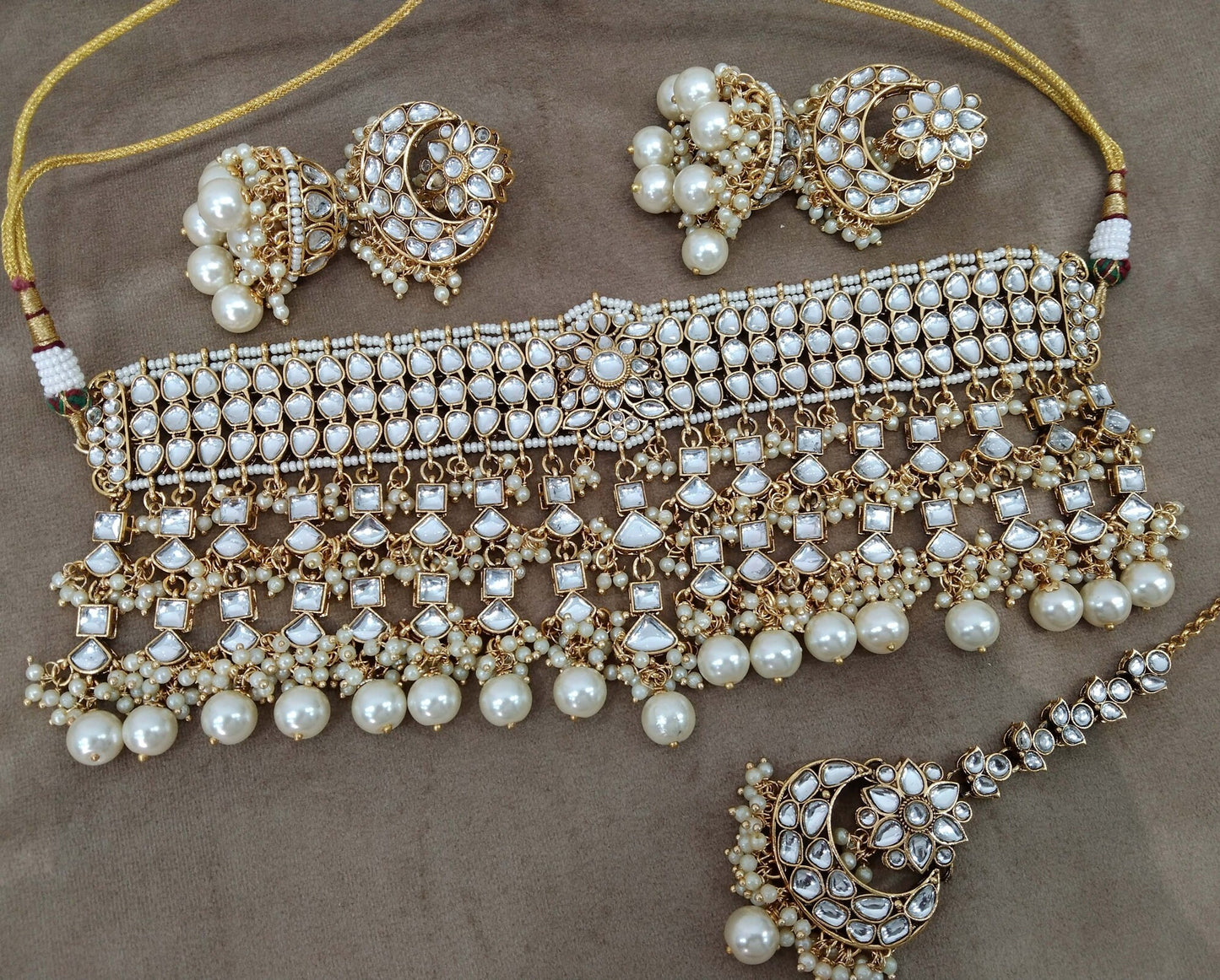 Indian jewellery kundan Choker Set Necklace Earrings Set/Gold white,Purple,Green,Maroon set Indian Kura Jewellery Necklace Set