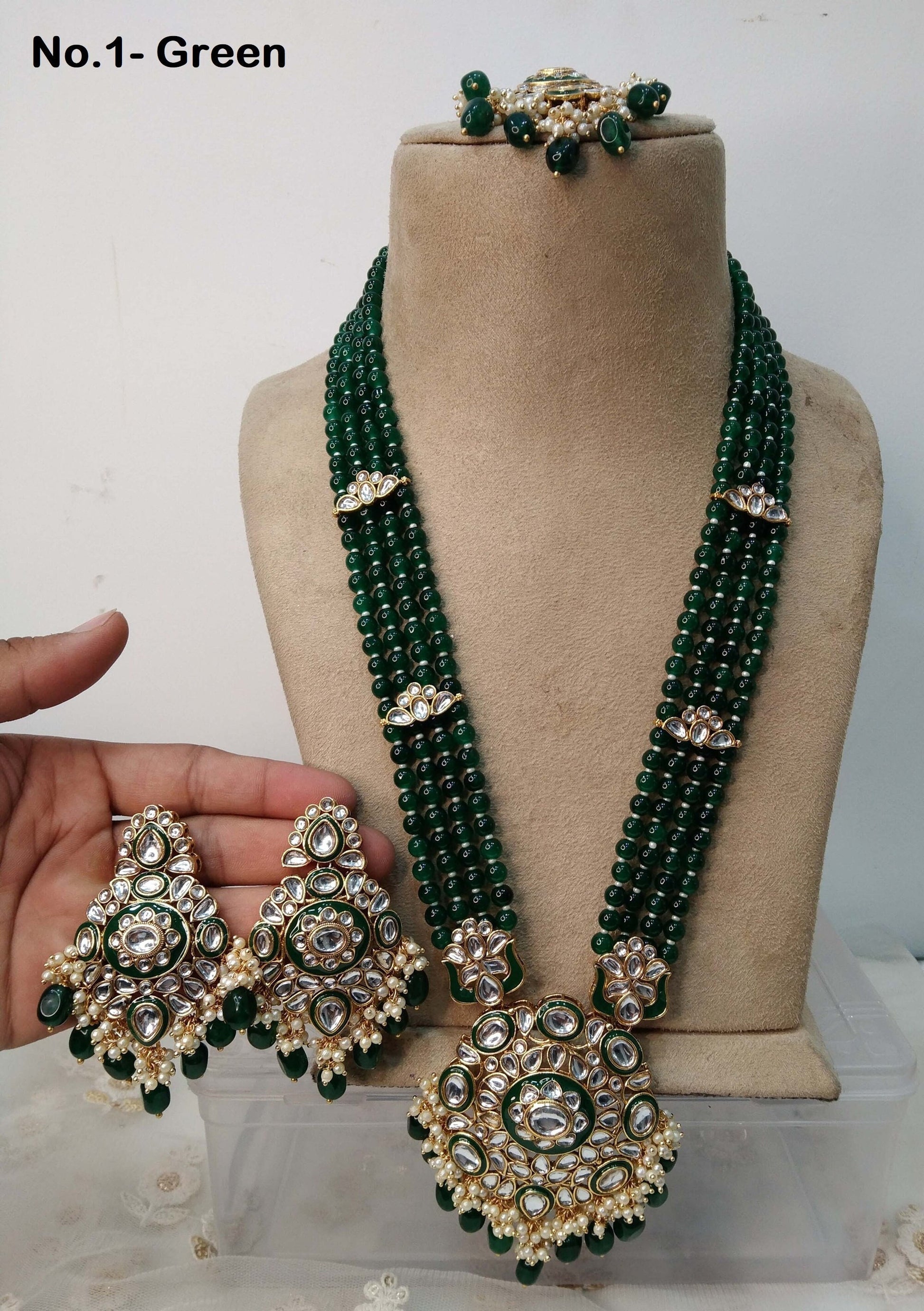 Rani Haar Kundan long Necklace Set/Gold white, Maroon ,Green