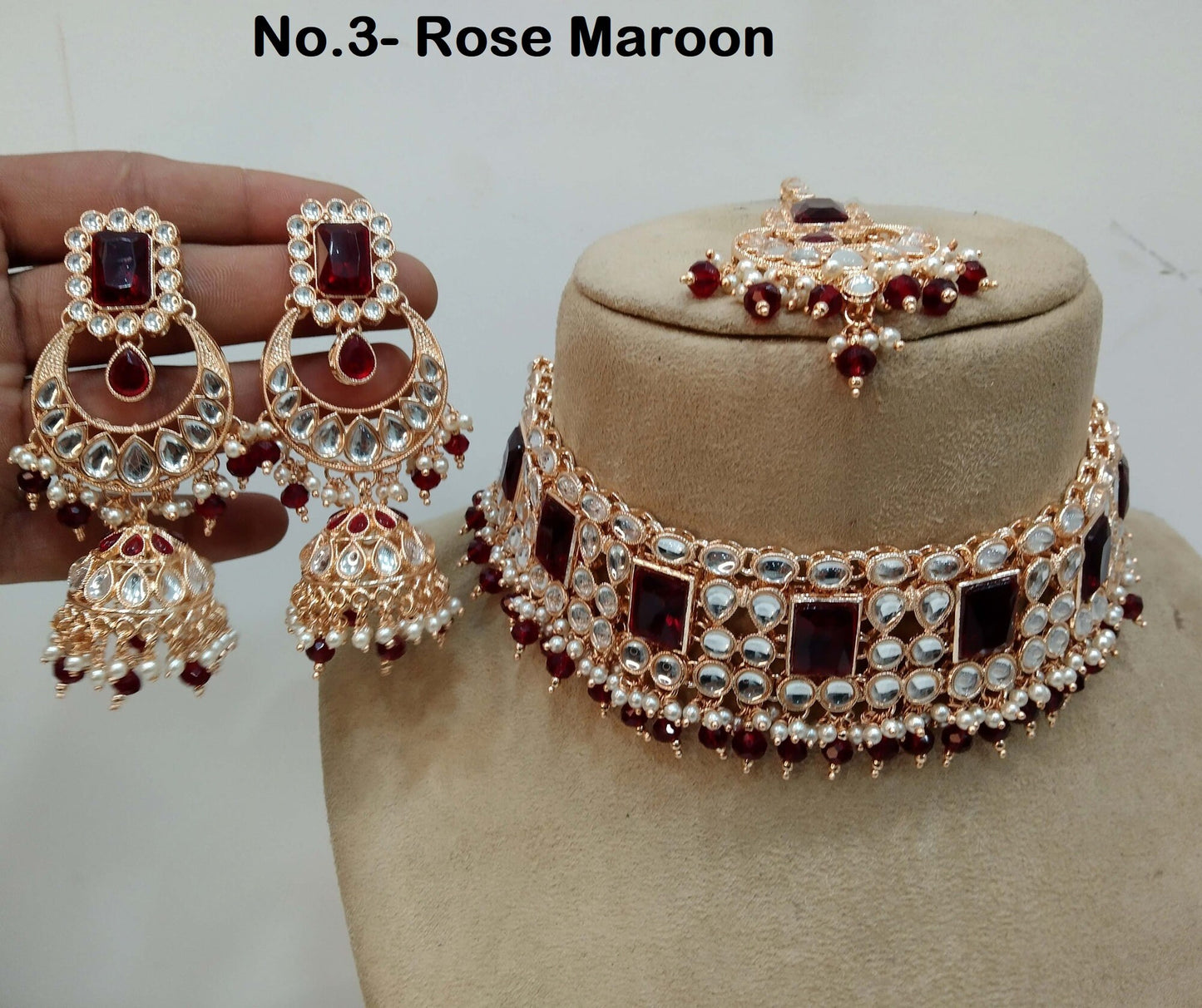 Ivory Indian  Rose gold finish kundan Choker Set/ Rose white, maroon, Lavender, Purple, Indian Riya Jewellery Set/Indian Choker