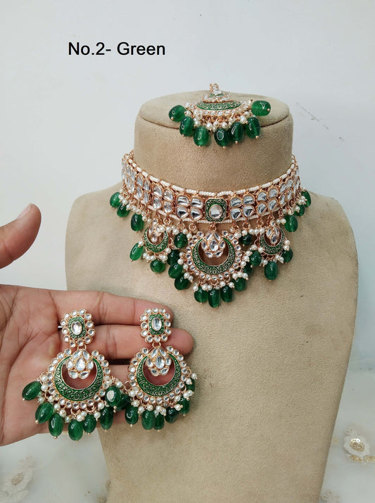 Indian jewellery kundan Choker Set Necklace Earrings Set/Gold white, Green set Indian Ferry Jewellery Necklace Set/Indian Choker Set