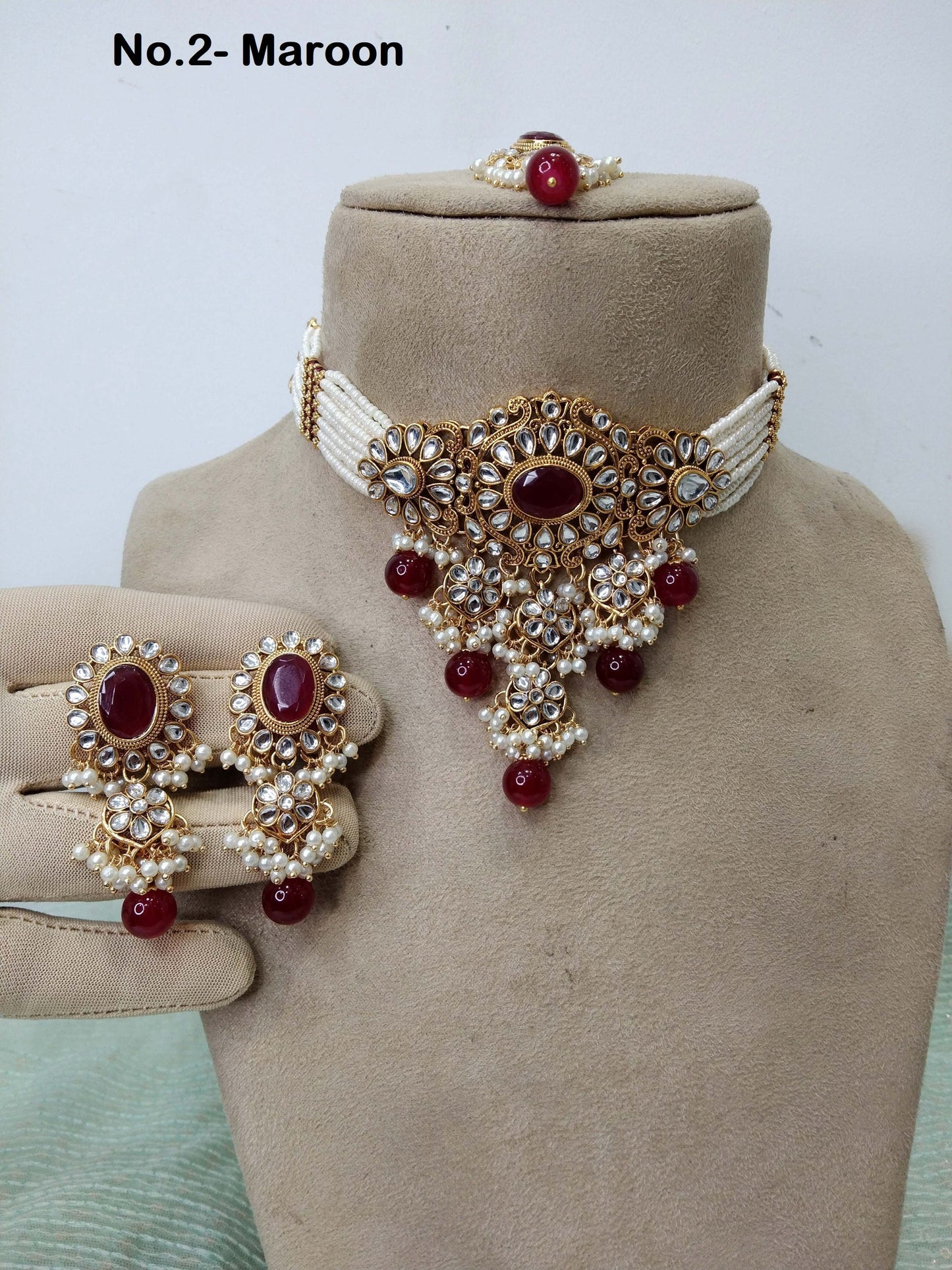 kundan Choker Set Necklace Earrings Set/Maroon, Gold White  choker set Indian Jewellery Necklace Set/Indian heena Choker Set