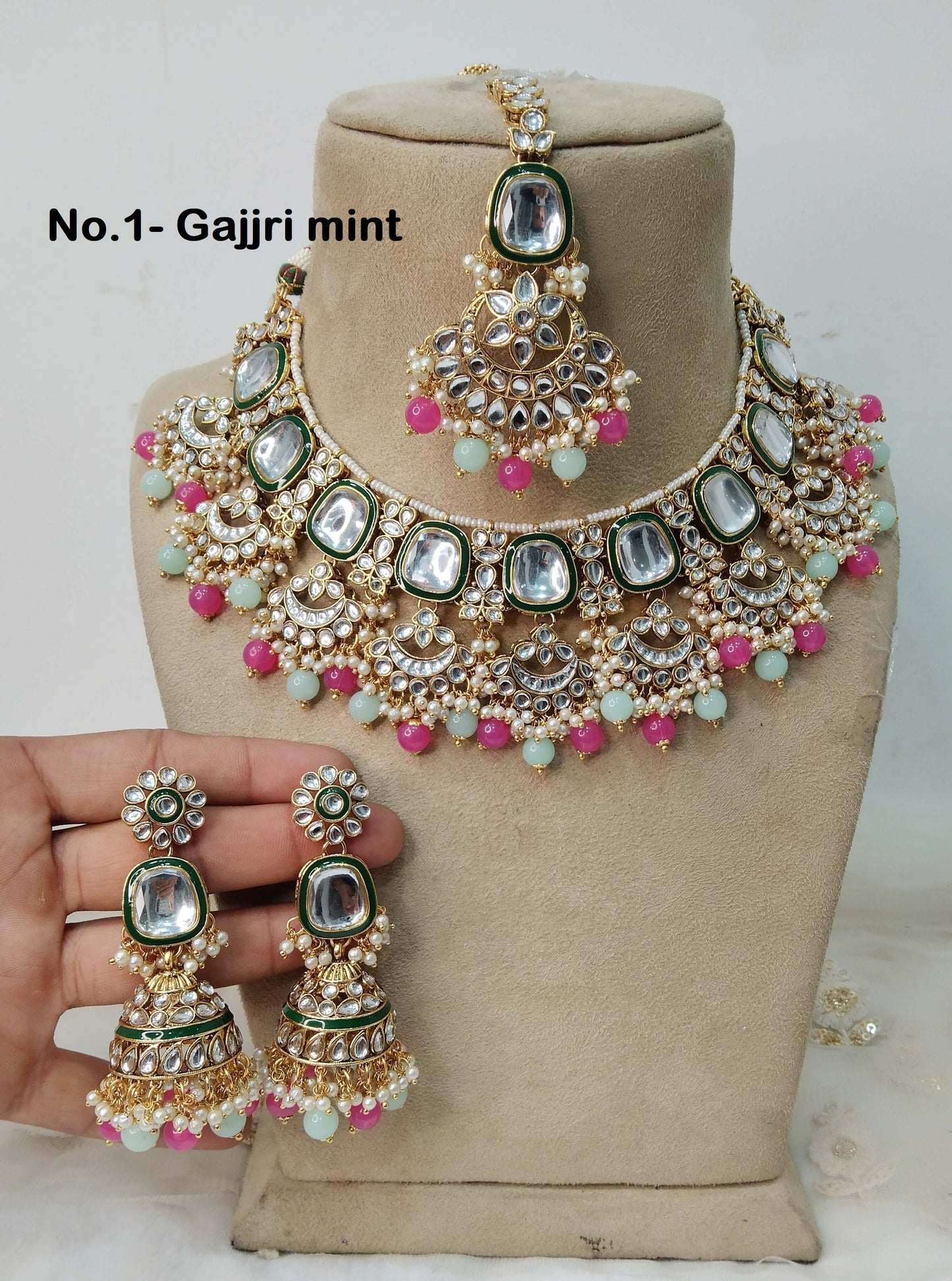 Indian Jewellery/ Gold Semi Bridal Kundan necklace Set Indian ruby, gold white, yellow, Gajjri mint, jiva Wedding  Jewellery Necklace set
