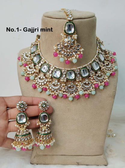 Indian Jewellery/ Gold Semi Bridal Kundan necklace Set Indian ruby, gold white, yellow, Gajjri mint, jiva Wedding  Jewellery Necklace set