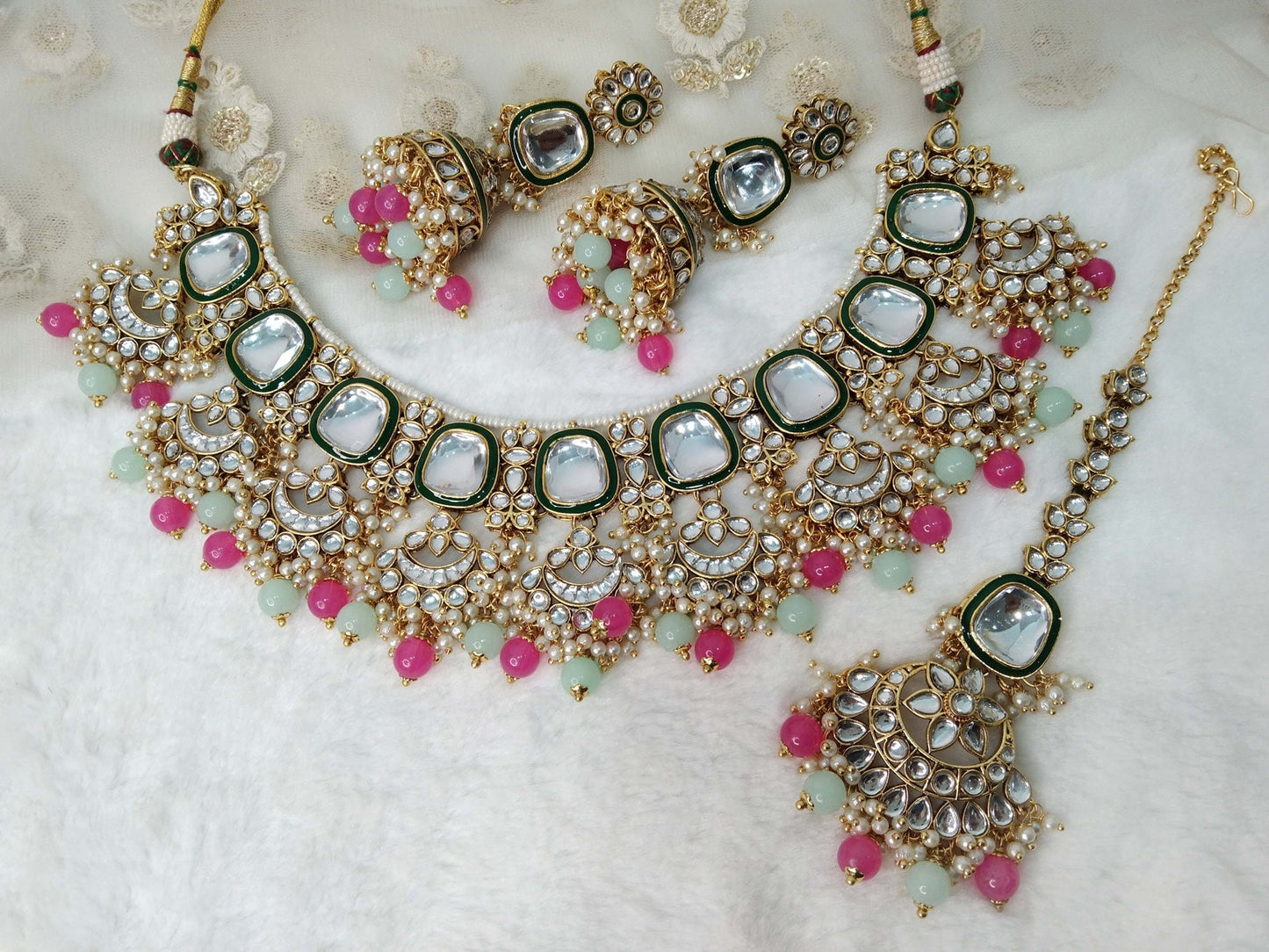 Indian Jewellery/ Gold Semi Bridal Kundan necklace Set Indian ruby, gold white, yellow, Gajjri mint, jiva Wedding  Jewellery Necklace set