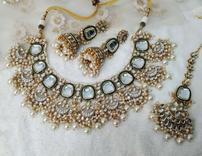 Indian Jewellery/ Gold Semi Bridal Kundan necklace Set Indian ruby, gold white, yellow, Gajjri mint, jiva Wedding  Jewellery Necklace set