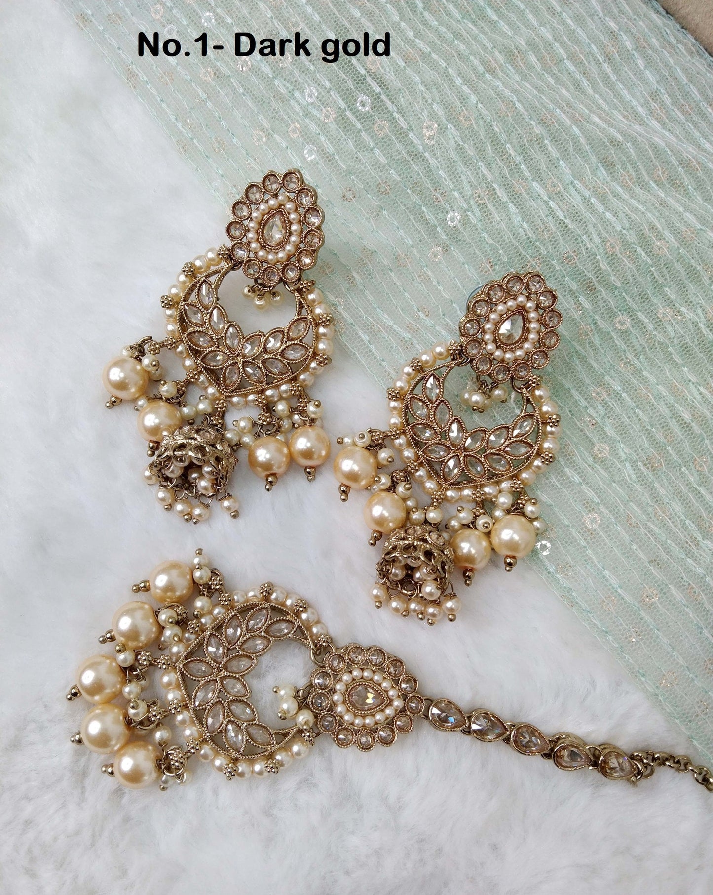 Indian Jewellery/Gold Indian Earrings Tikka Set/Indian dark gold, silver, peach, yellow Earrings Set Jewellery/ Bridal Bollywood Jewelry Set