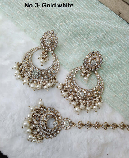 Indian Jewellery/Gold Indian Earrings Tikka Set/Indian dark gold ,Green, peach chand balli  Earrings Set Jewellery/Wedding Bridal Jewellery Set