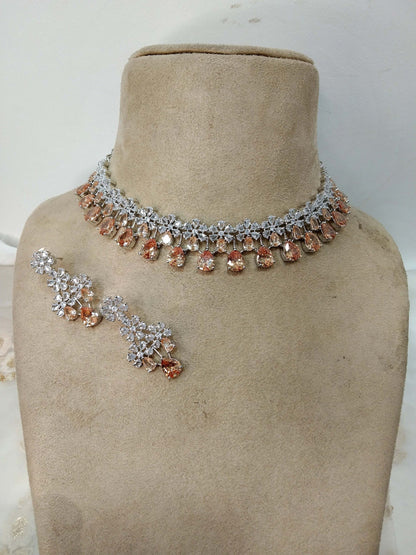 Cubic Zirconia Diamond choker Earrings set, silver Bridal choker earrings jewelry statement necklace set CZ choker necklace rita set