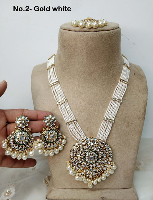 Ivory Gold Rani Haar Necklace Set/Gold grey , Gold white, Pista green Indian long Necklace Set/ Indian Jewellery/Muslim Long Necklace Set