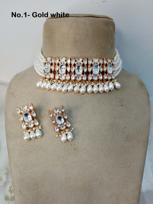 Indian Jewellery/Bridal Gold jadau Kundan choker Set/Indian Wedding Gold white Kundan choker Jewellery nili choker Necklace set