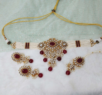 kundan Choker Set Necklace Earrings Set/Maroon, Gold White  choker set Indian Jewellery Necklace Set/Indian heena Choker Set