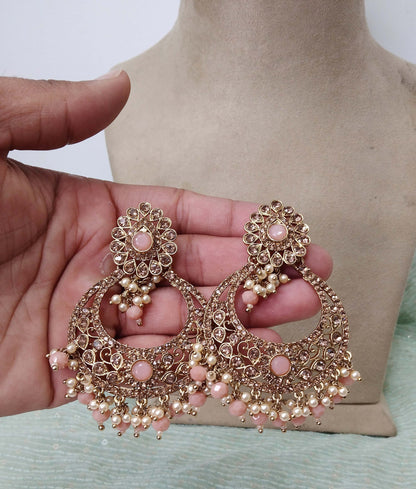 Indian Jewellery/Gold Indian Earrings Tikka Set/Indian dark gold ,Green, peach chand balli  Earrings Set Jewellery/Wedding Bridal Jewellery Set