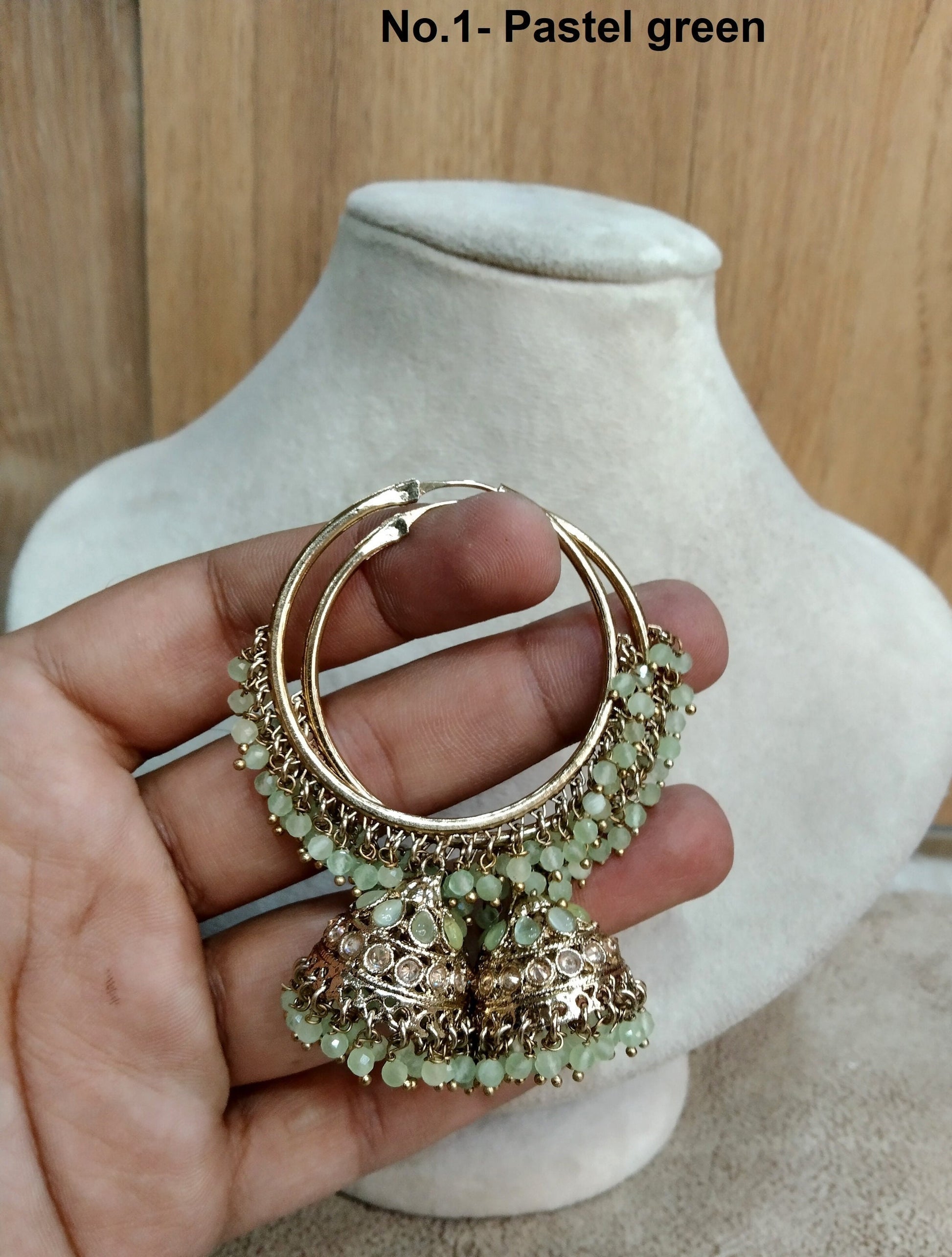 Jhumka Bali Gold Hoop pastel green Earrings/Bollywood Indian