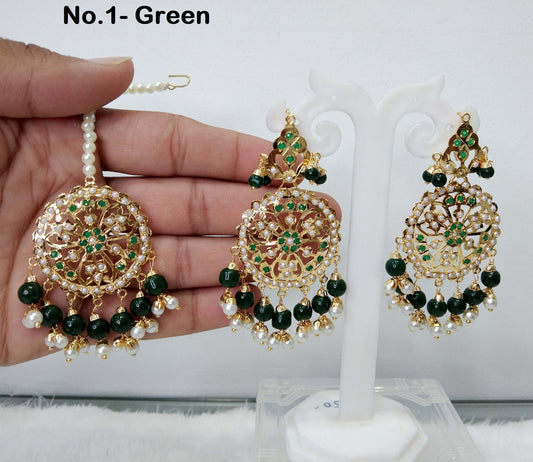 Firoja Jhumka Earrings Tikka Jadau Gold Plat Big /Indian Pearl Blue Jhumka Tikka Set/Chandbali Punjabi Indian Jewellery/Muslim Jhumki Set