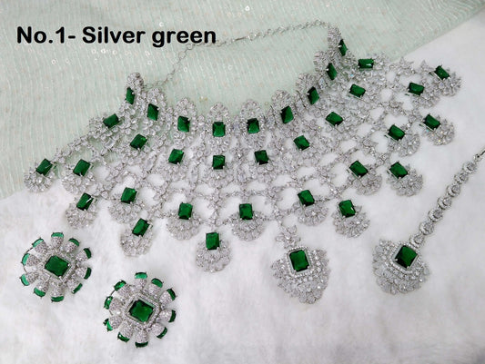 Cubic Zirconia Diamond choker Earrings set, silver, silver green Bridal choker earrings jewellery  statement necklace kiara advani set