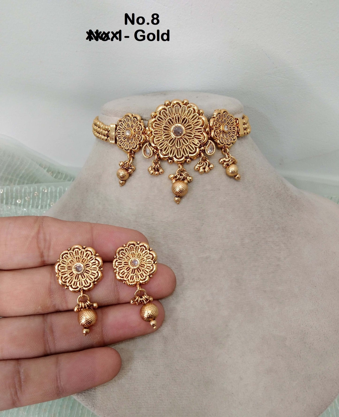 Choker Set Polki indian  Jewellery Necklace Set/ Bollywood Style Gold Finish bini South Indian bridal Jewellery/
