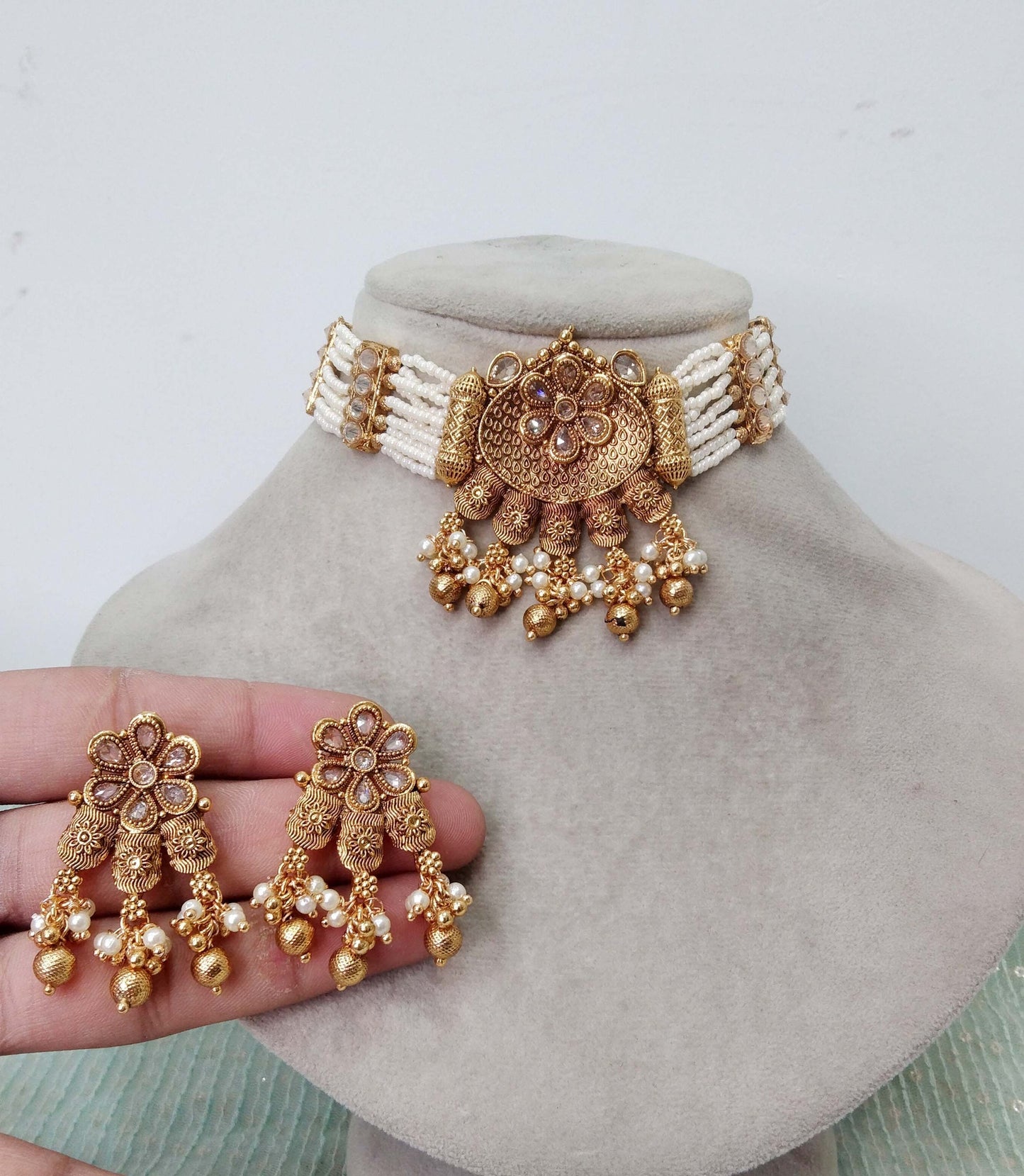 Indian Polki  Jewellery Necklace Set/ Bollywood Style Gold choker set  Finish South Indian bridal rishi Jewellery