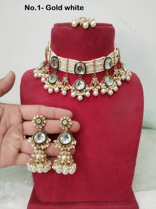 Ivory Indian   Jewellery , Kundan choker Set Indian gold white, green, sky blue Wedding Bridal Necklace,bridesmaids titan  set,Punjabi set