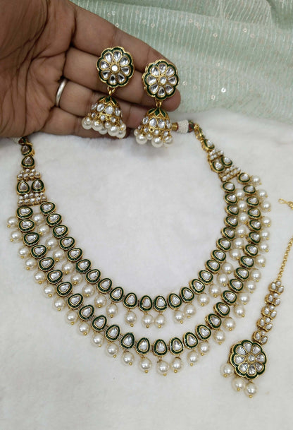 Ivory Indian  Jewellery , Kundan Layered necklace Set Indian Wedding Semi Bridal Ethnic Bridal tiles Necklace, bridesmaids set, Punjabi set