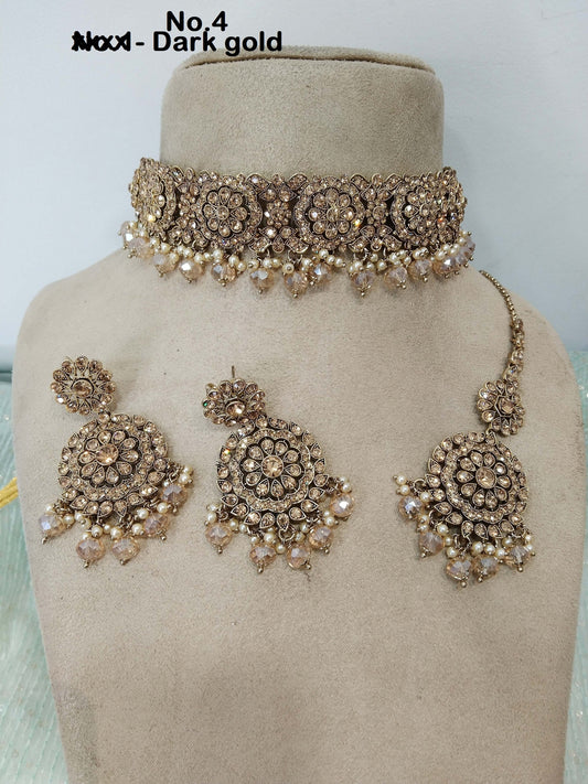 Choker Set Gold Necklace Set/ Bollywood Jewellery/dark gold Indian choker necklace heena set