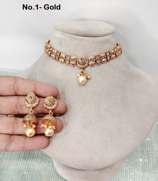 Indian Polki Necklace set  Jewellery / Bollywood Style Gold Finish South tara Indian wedding olean bridal Jewellery