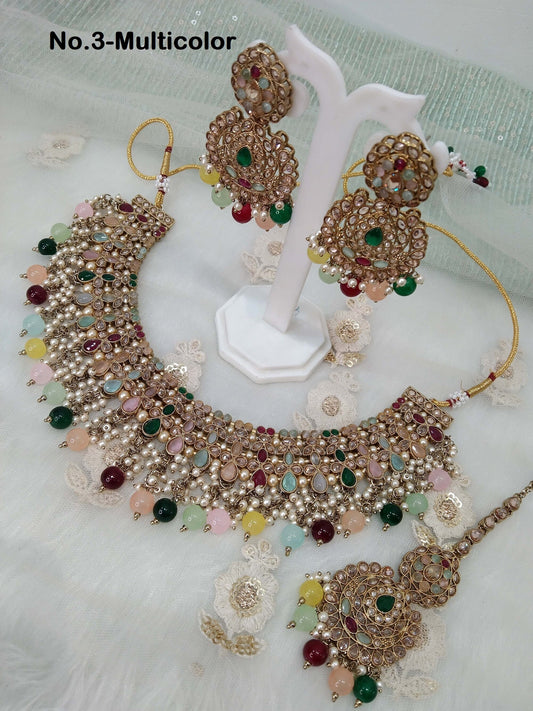 Indian  Jewellery/dark gold necklace Set/Bollywood multicolor,maroon, seagreen, gaajri necklace set Indian  vani Jewellery Set
