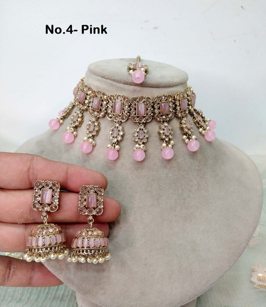 Indian jewellery Choker Set Necklace/ Dark gold green,peach, sea green , pink, firoji, mehndi choker Jewellery set visalia Indian choker set