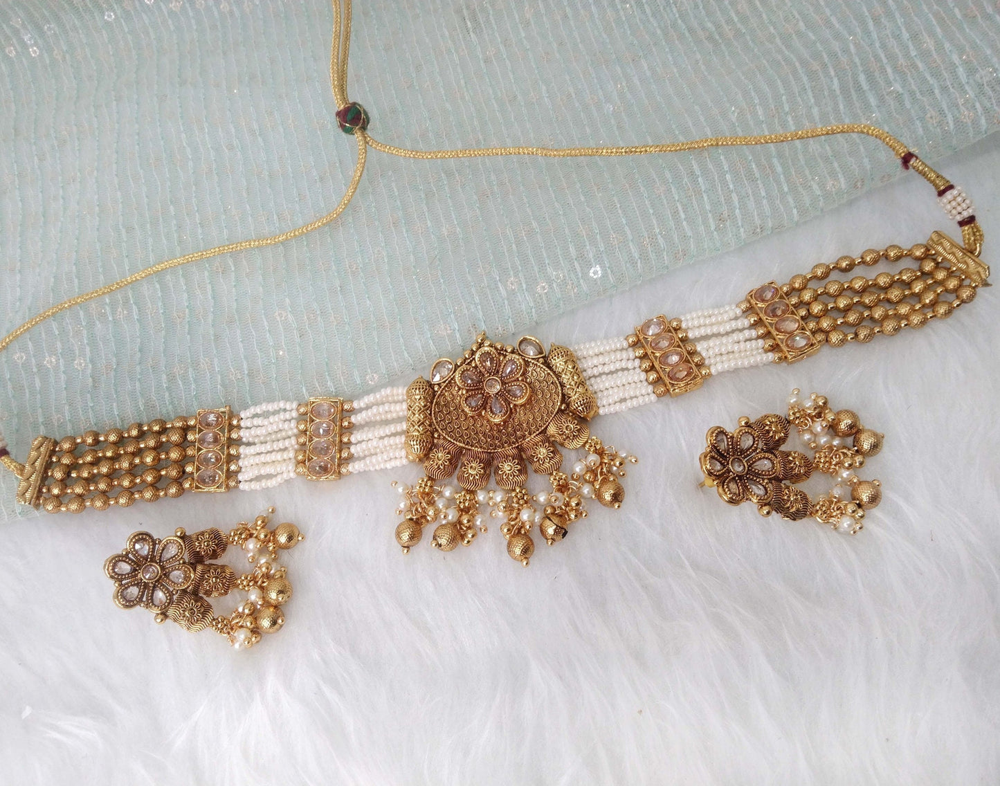 Indian Polki  Jewellery Necklace Set/ Bollywood Style Gold choker set  Finish South Indian bridal rishi Jewellery